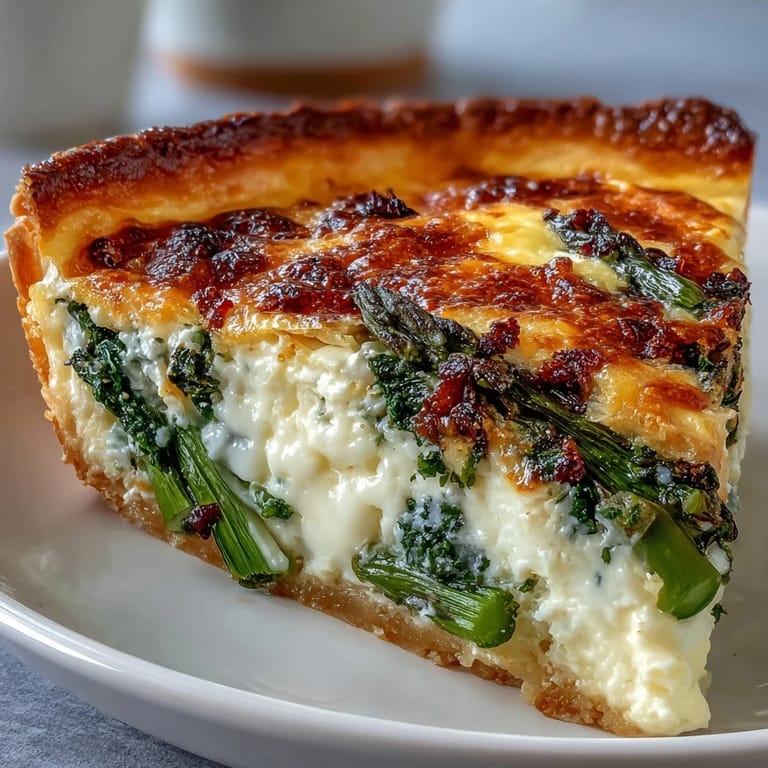 Savory quiche with fresh asparagus, melted Brie, and a flaky pastry, ready for your brunch table.