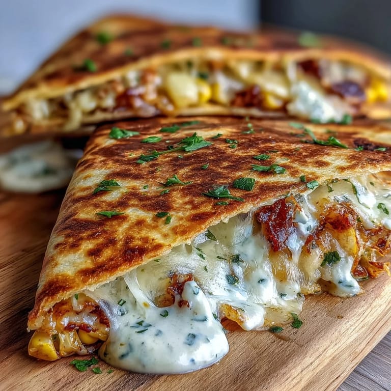 Golden quesadillas stuffed with Mexican street corn, melted Monterey Jack, and Cotija cheese, served with a smoky chipotle sour cream dip.