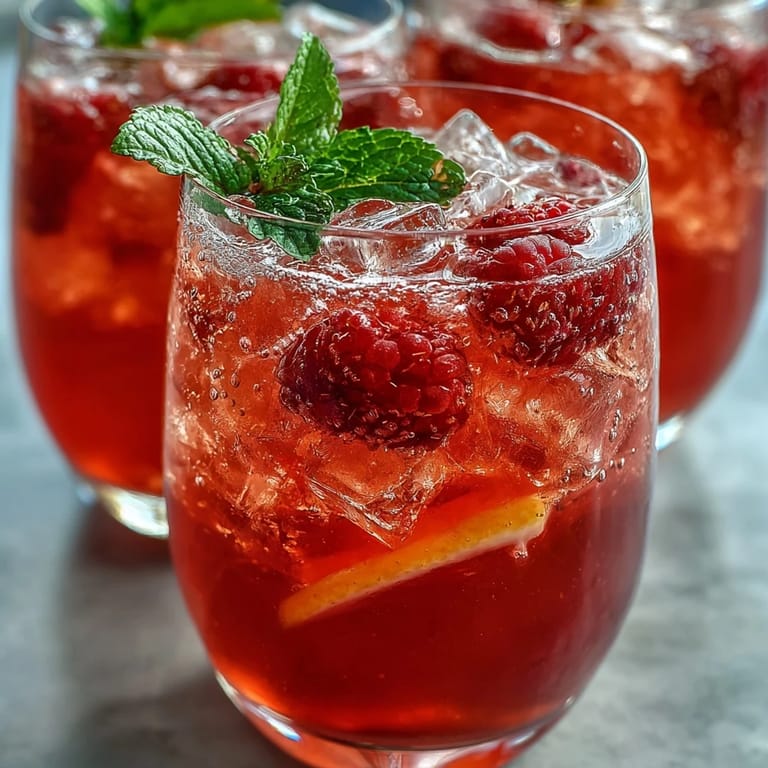 Vibrant nonalcoholic drink featuring muddled raspberries, citrus, and bubbles, garnished with mint and lemon slices for a festive look.