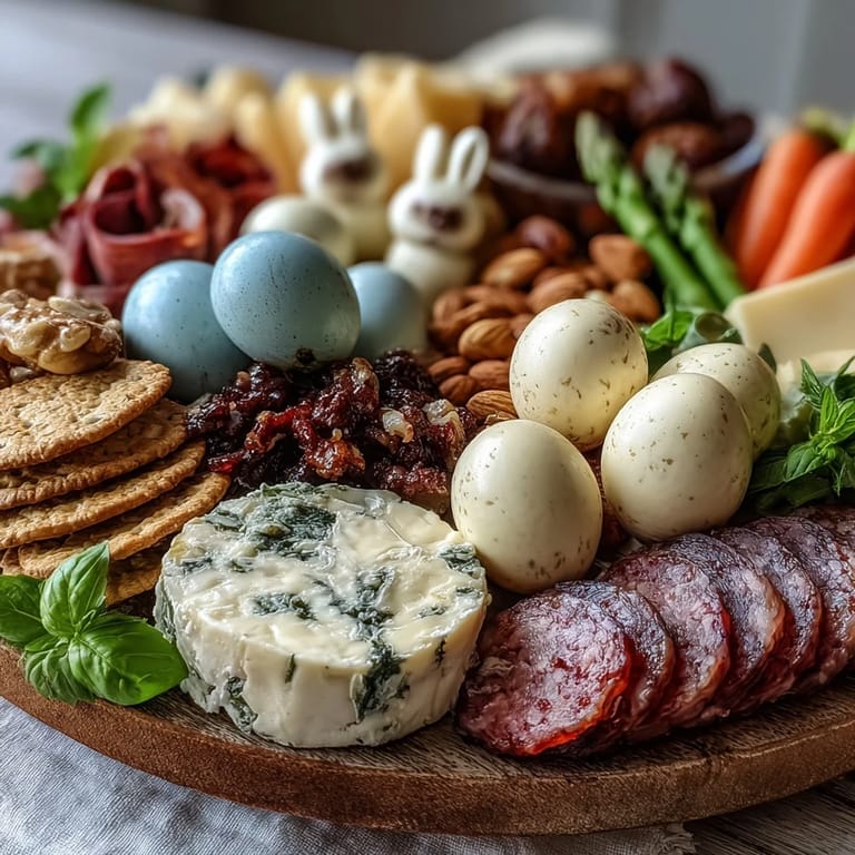 Whimsical mini Easter basket appetizer board filled with cheeses, fruits, nuts, and bunny-shaped cookies for a joyful celebration.