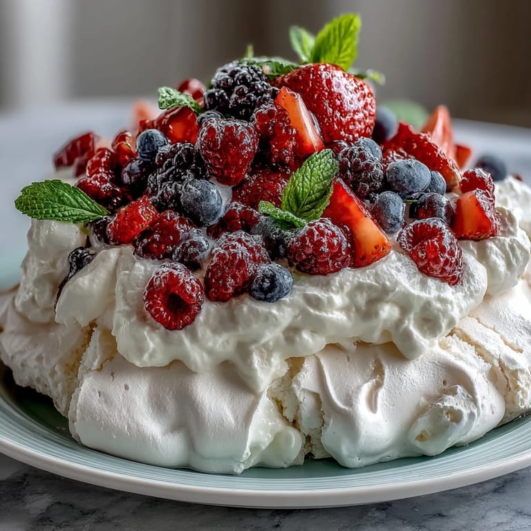Elegant pavlova dessert featuring a light, airy meringue shell crowned with fresh berries and a cloud of whipped cream.
