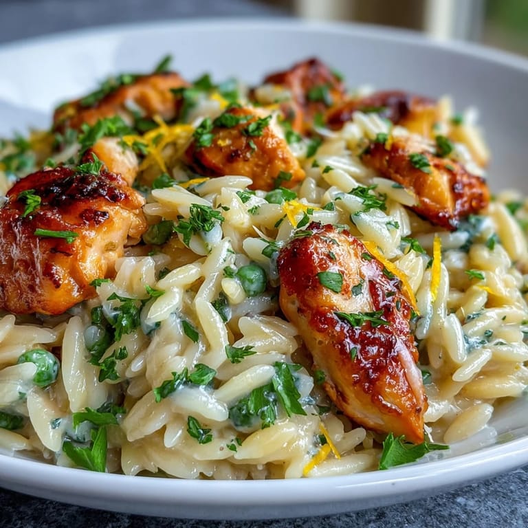 One-Pot Lemon Orzo with Chicken and Peas, a quick and easy dinner with savory chicken, bright citrus, and fresh green peas.