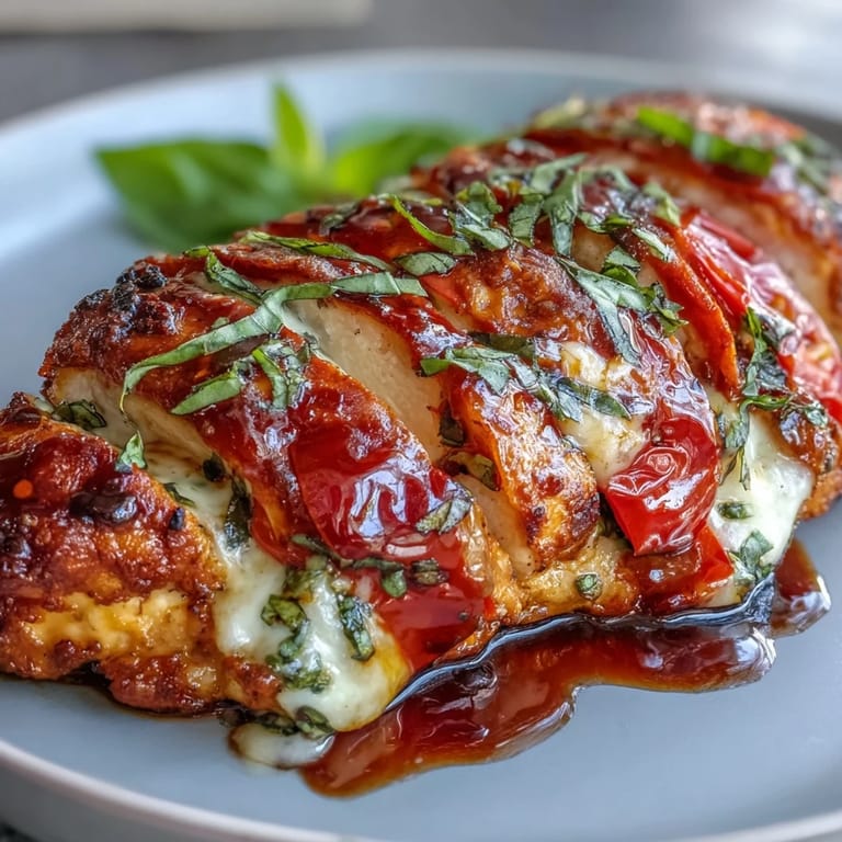 Baked Caprese Stuffed Chicken Breast showcasing layers of mozzarella, tomato, and basil, finished with a tangy balsamic reduction.