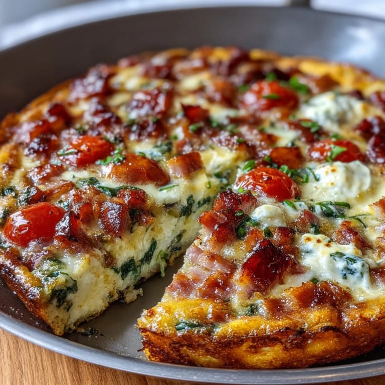 Protein-packed One-Pan Ham and Swiss Frittata featuring fluffy eggs, cherry tomatoes, and nutty Swiss cheese, ideal for brunch or meal prep.