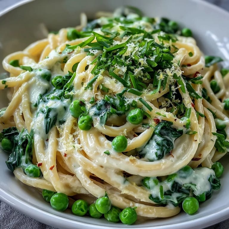 Spring pasta dish featuring al dente linguine in a silky lemon cream sauce, vibrant peas, and baby spinach for a refreshing dinner.