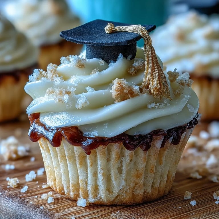 Vanilla cupcakes decorated with black and gold fondant graduation caps, featuring buttercream frosting and edible gold accents.