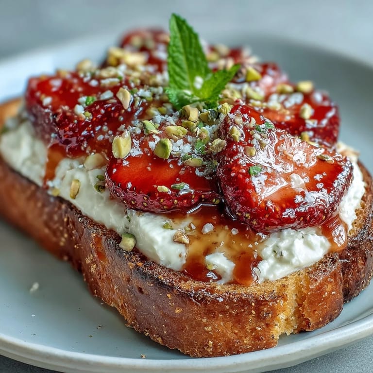 Creamy ricotta spread on golden toast with juicy strawberries and drizzled honey.