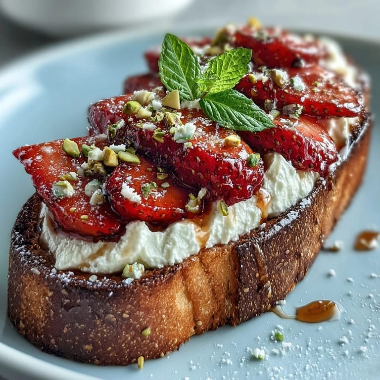 Gourmet breakfast toast featuring strawberries, honey, ricotta, and a sprinkle of chopped pistachios.