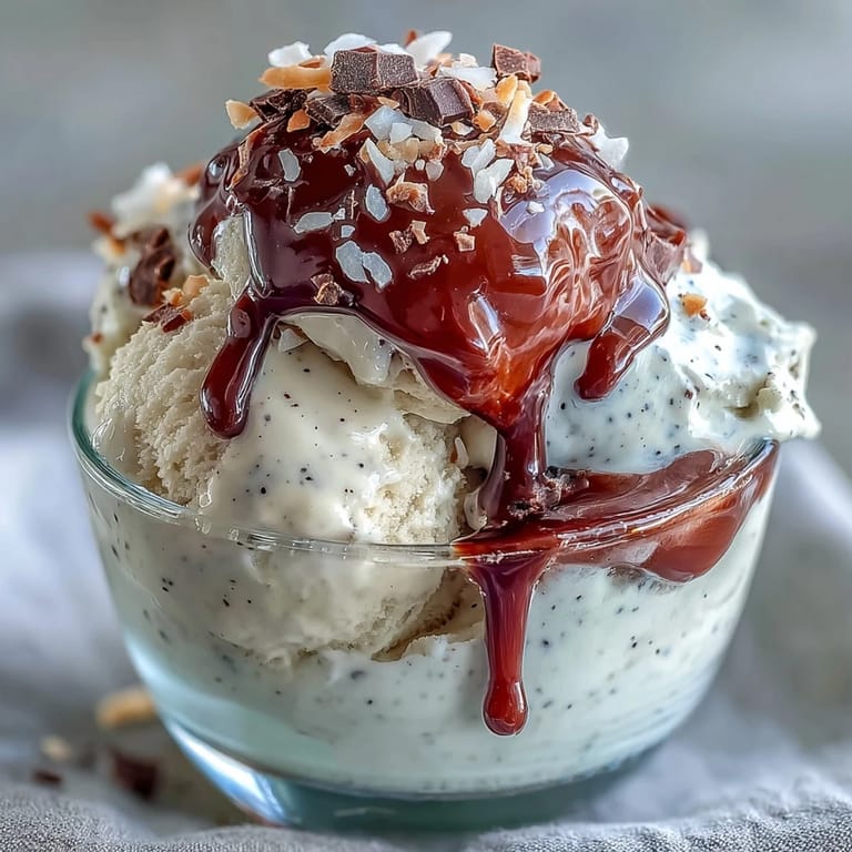 Tropical coconut cold brew coffee poured over ice with a generous scoop of vanilla bean ice cream melting into the glass.