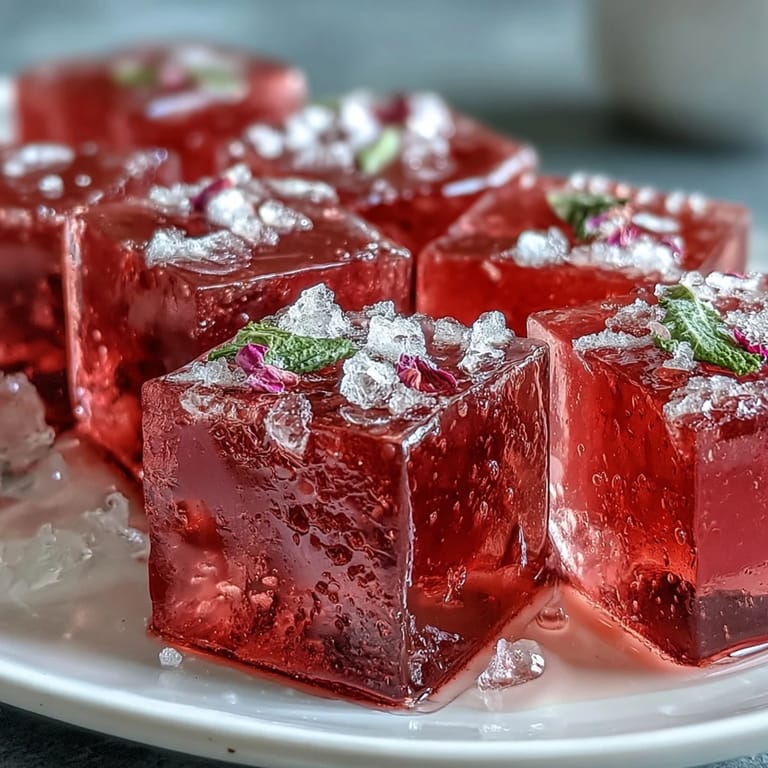 Chilled gelatin mosaic cake with floral rose and fruity strawberry cubes, ideal for elegant gatherings or refreshing treats.