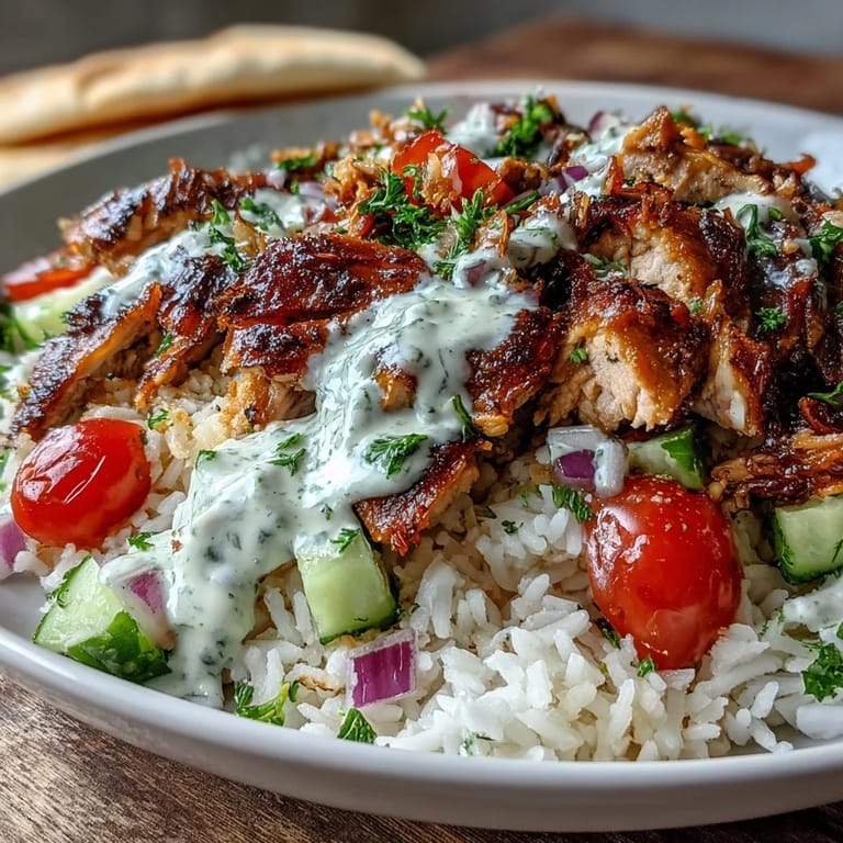 Delectable Middle Eastern Shawarma Bowl piled high with savory chicken and flavorful sauce.