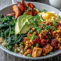 A close-up of a vibrant Tofu Scramble Vegan Breakfast Bowl with golden tofu, roasted sweet potatoes, and creamy avocado slices.