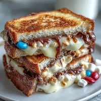 Gooey 4th of July smores dip bubbling with melted chocolate and golden toasted marshmallows in a cast iron skillet.