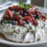 Pavlova with fresh berries and cream: a crisp meringue base topped with velvety whipped cream and vibrant spring berries.