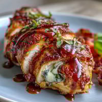 Caprese Stuffed Chicken Breast with melted mozzarella, juicy tomatoes, and fresh basil, baked golden and drizzled with balsamic glaze.