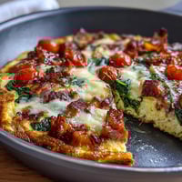 Savory One-Pan Ham and Swiss Frittata with melted Swiss cheese, diced ham, and tender spinach baked to golden perfection.