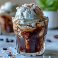 Refreshing coconut cold brew float topped with creamy vanilla bean ice cream and toasted coconut flakes.