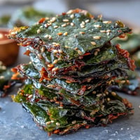 Golden, crispy seaweed snack chips with sesame seeds ready to enjoy.