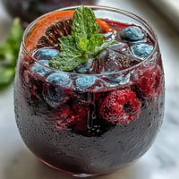 Iced hibiscus berry tea with vibrant fruit and mint, ready for summer.